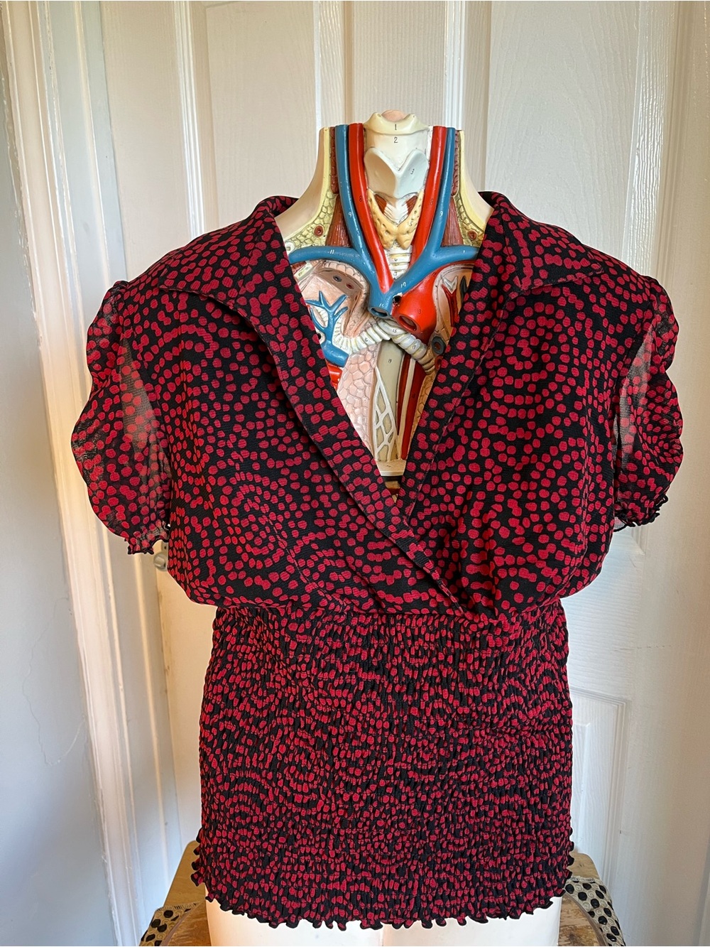 INC International Concepts Black Short-Sleeve V-Neck Top with Red Dot Print